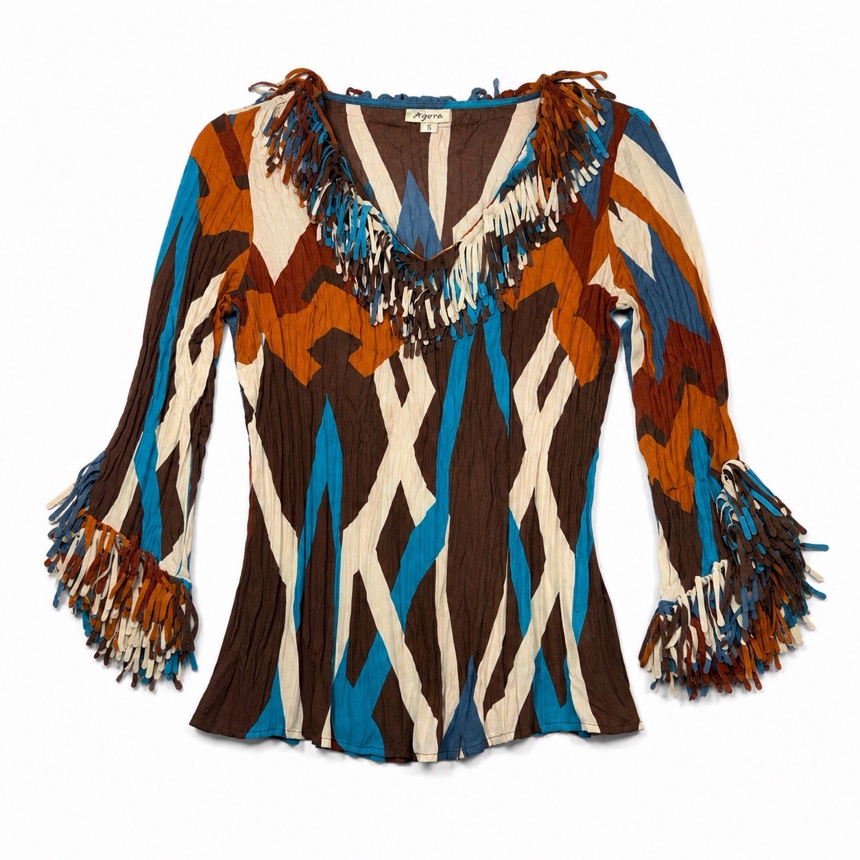 Agora Boho Fringe Top Womens Small Geometric Print Western Festival Y2K Blouse