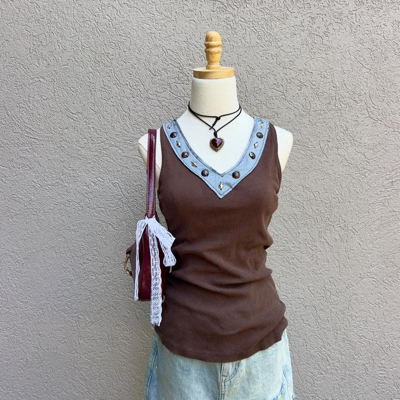 Y2K Bisou Bisou Brown Beaded Tank Top Sleeveless Boho Festival Grunge Medium