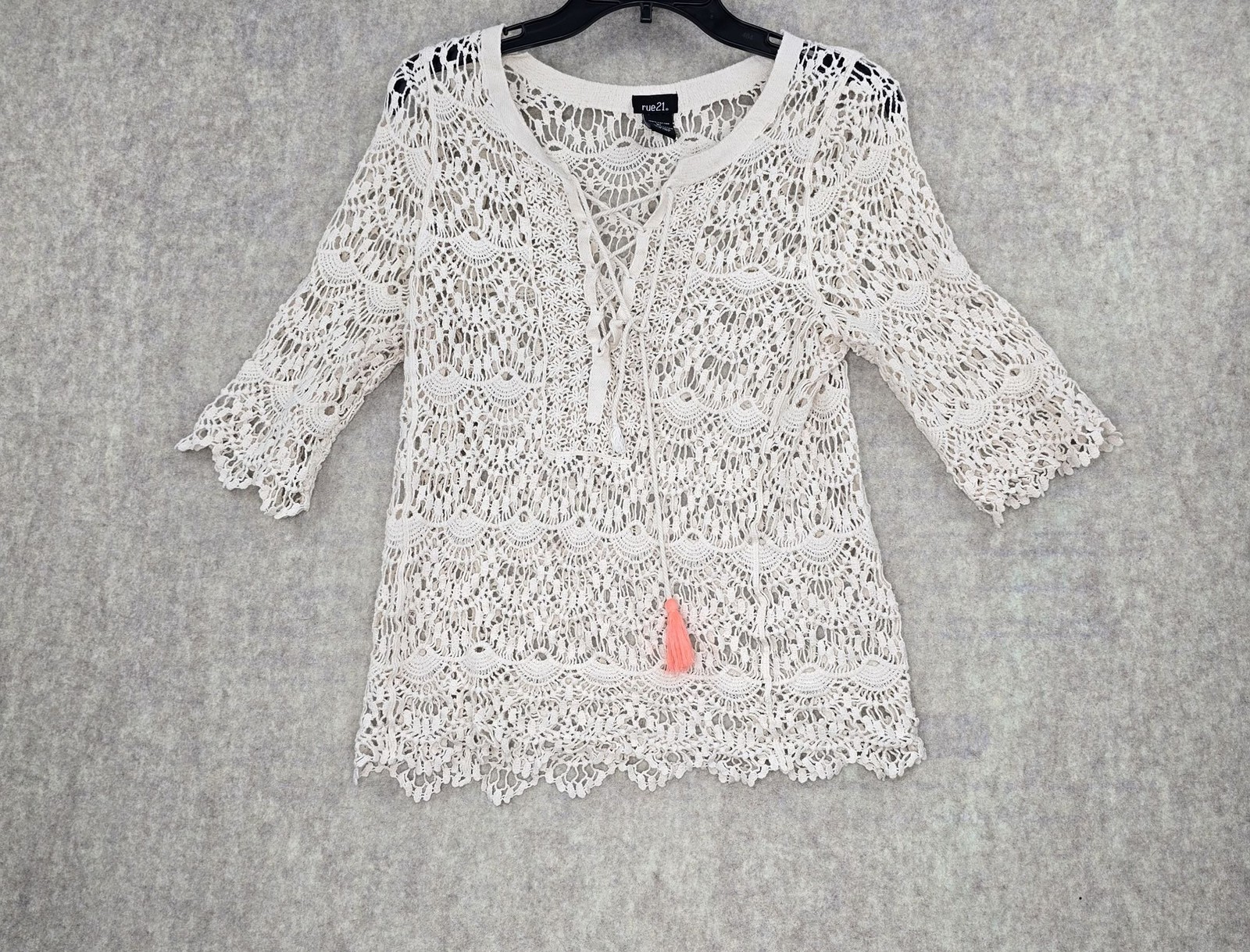 Rue21 Womens XL Crochet Lace Blouse Ivory Tassel Accent Semi-Sheer Boho Style