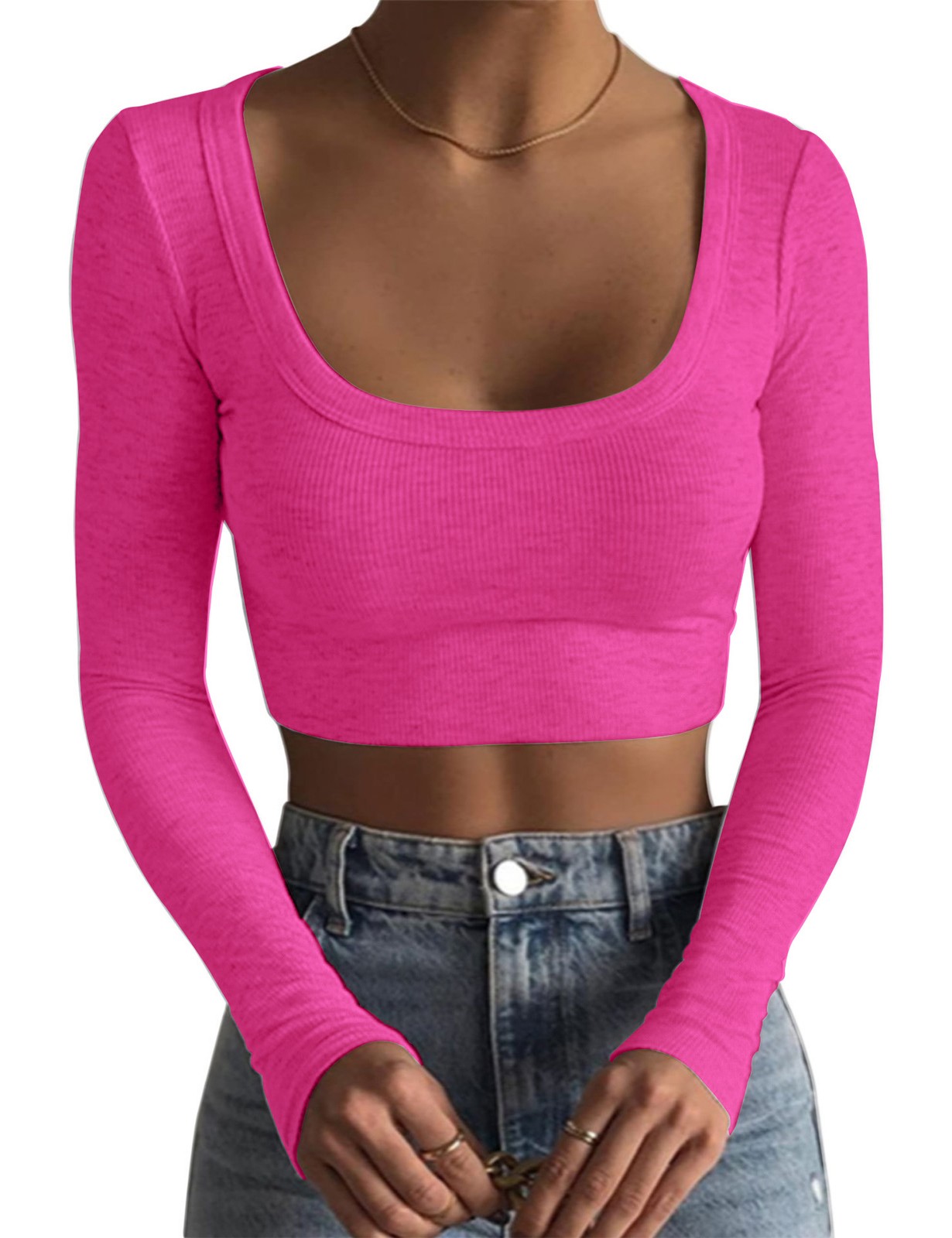 Big round neck long sleeved thread ultra short slim fit and slimming effect