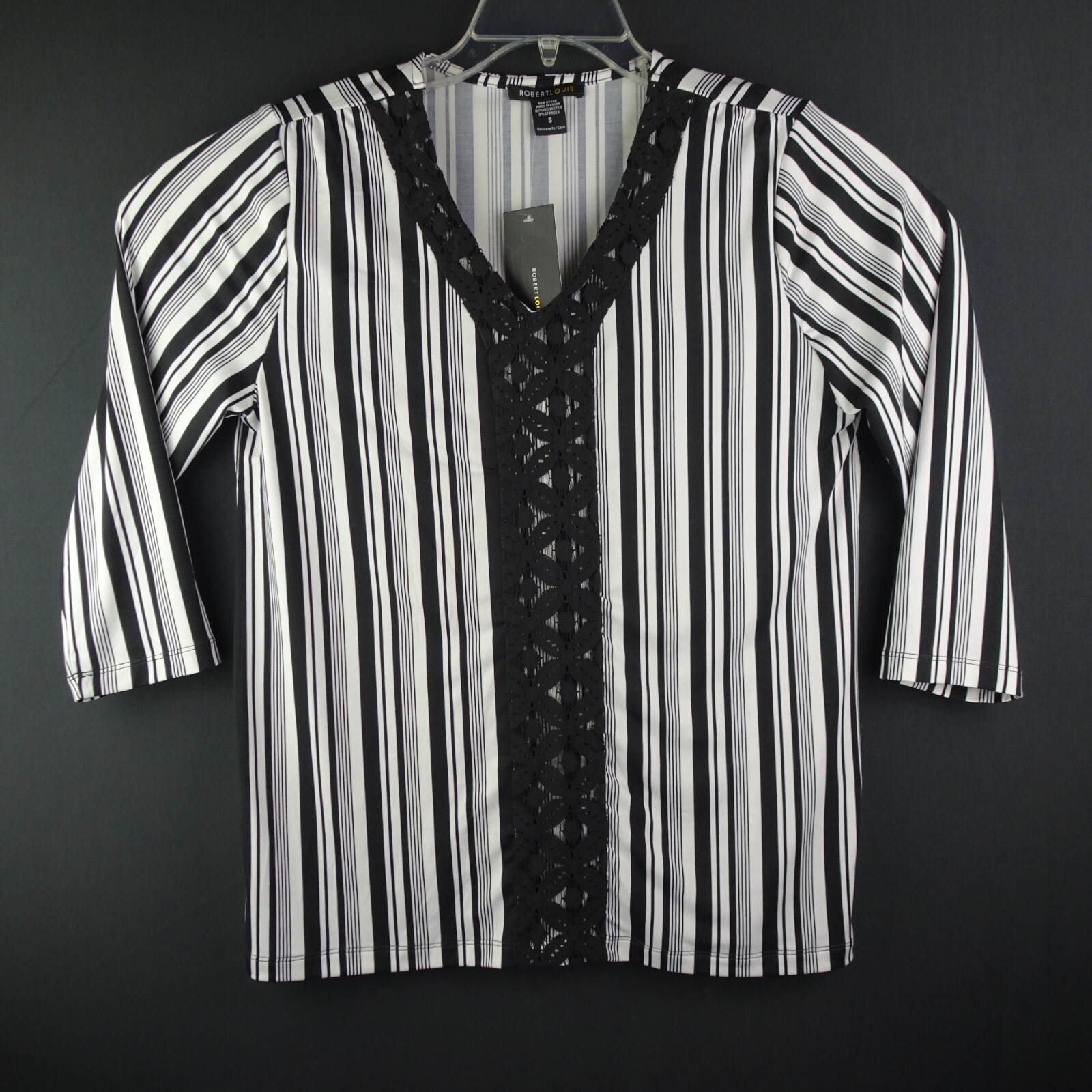 Robert Louis Top Black Stripe Women Size S Lace Trim V-Neck 3/4 Sleeve Blouse