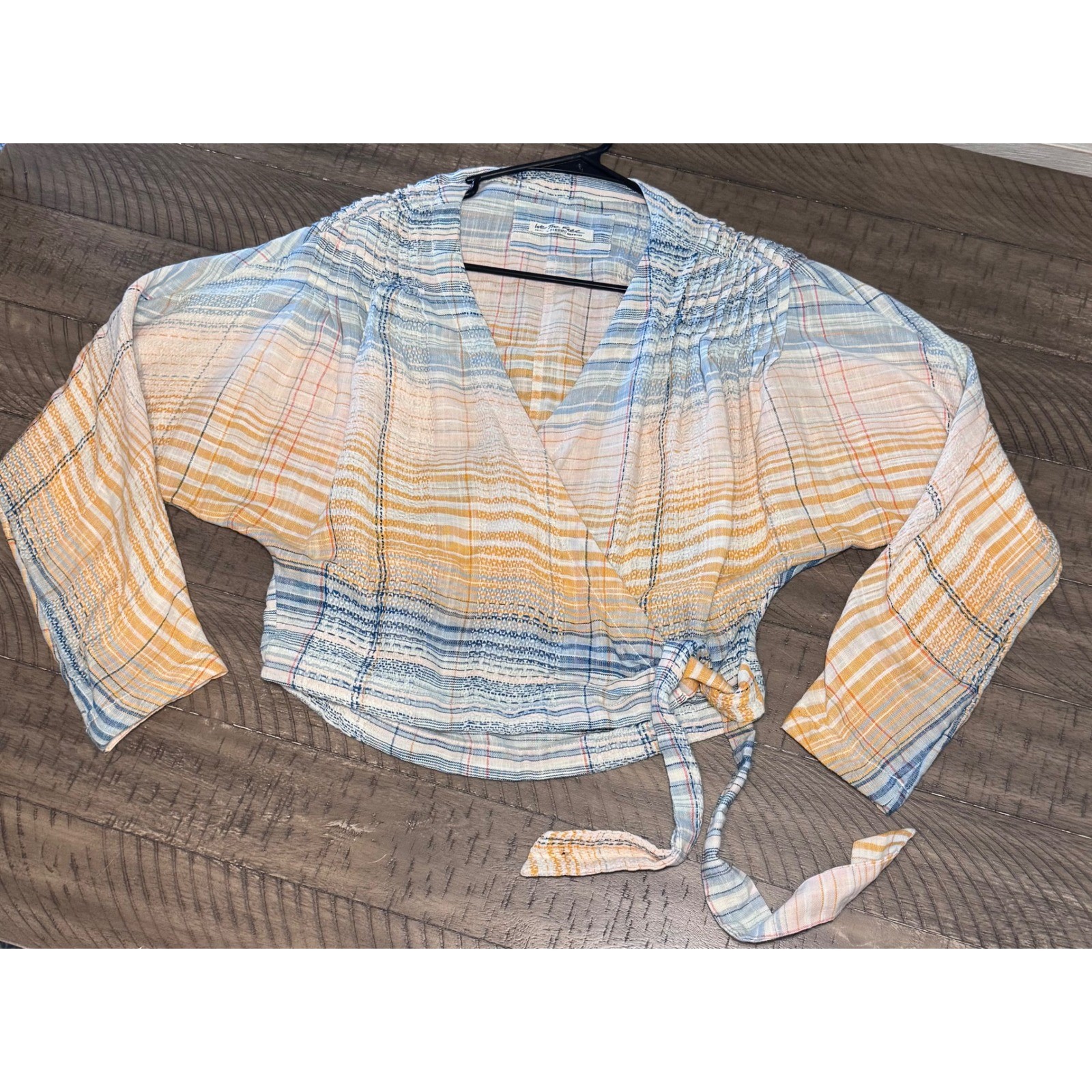 We The Free People Plaid Wrap Top Orange Blue Long Sleeve V-Neck Blouse Small