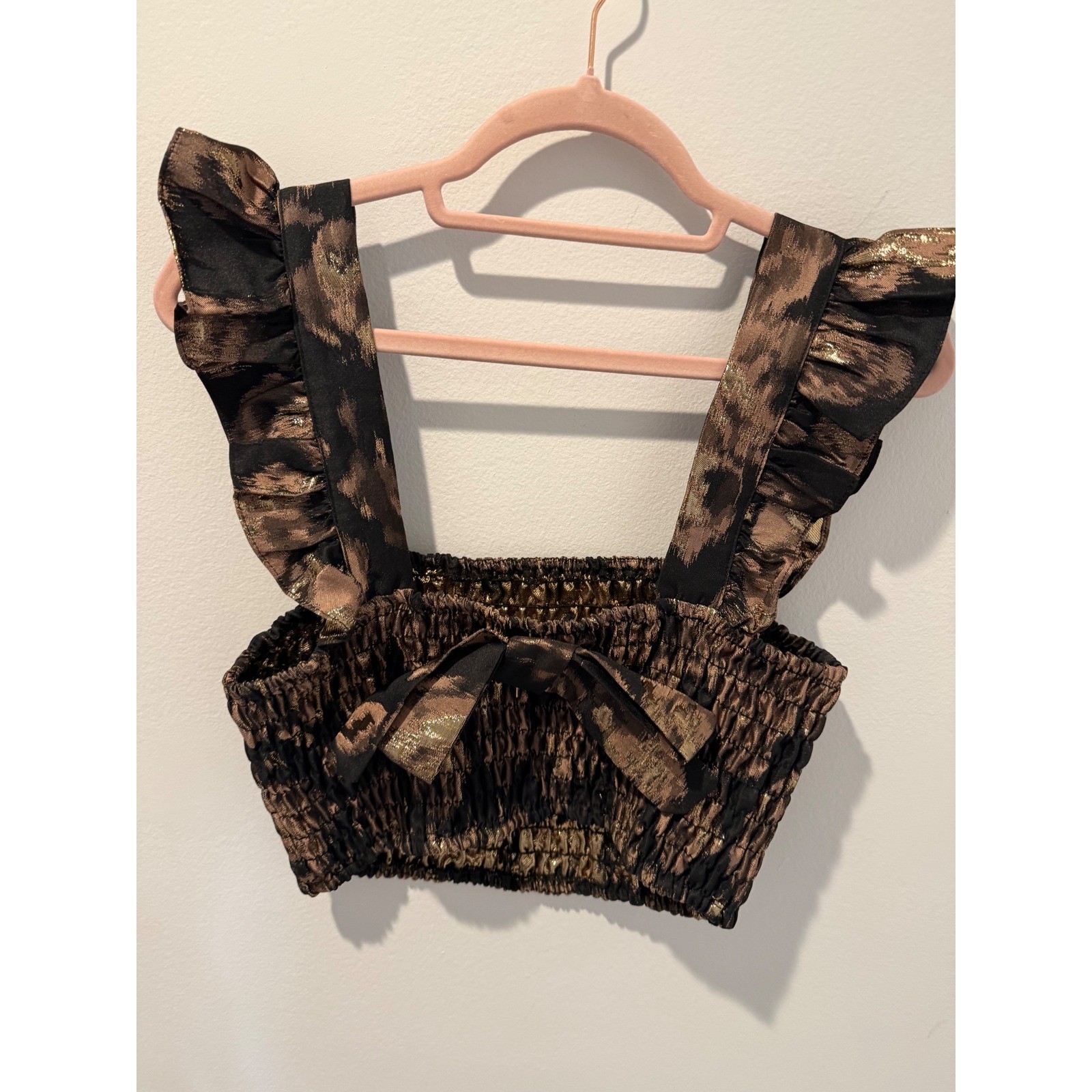 MISA Los Angeles Abelia Metallic Gold Black Smocked Ruffle Crop Top
