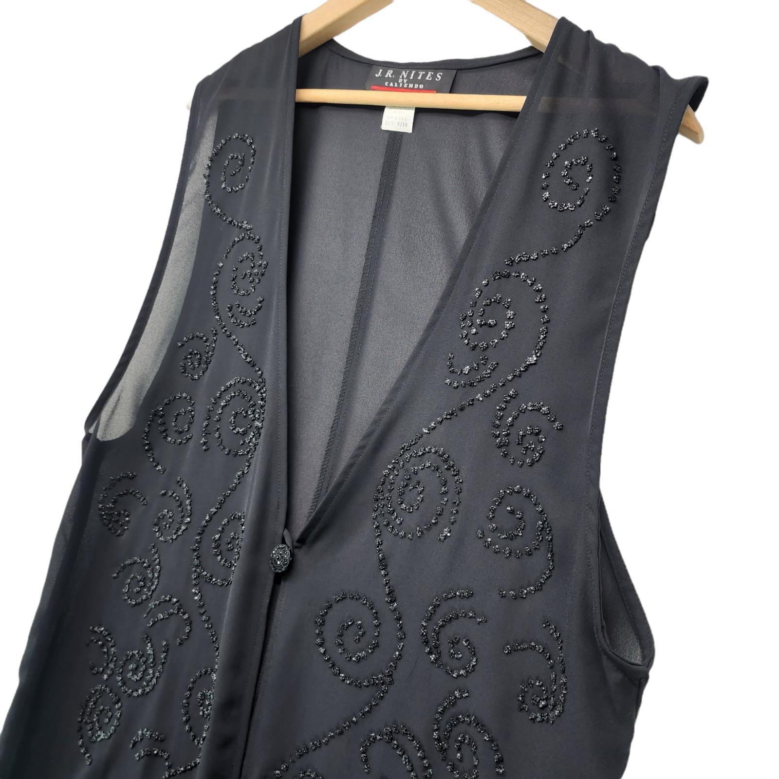 JR Nites Womens Duster Top Sheer Sleeveless Cardigan Black Scroll Bead Size 10