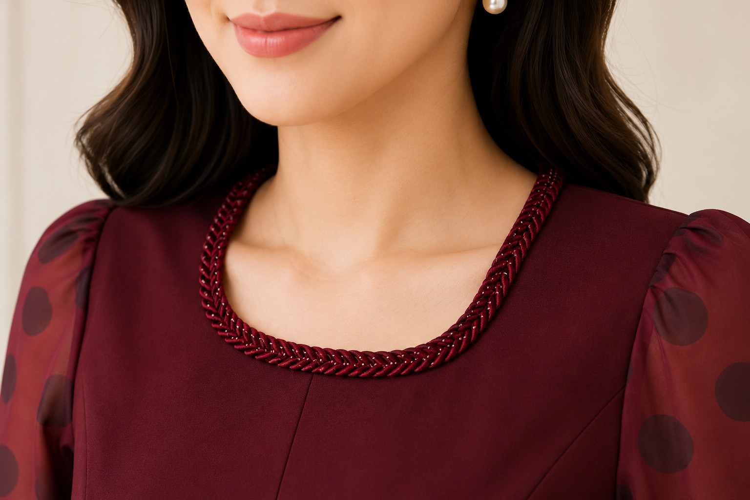 Elegant Burgundy Polka Sleeve Blouse – Petite size 2XP (B=40in,W=36in;Hip=42in)