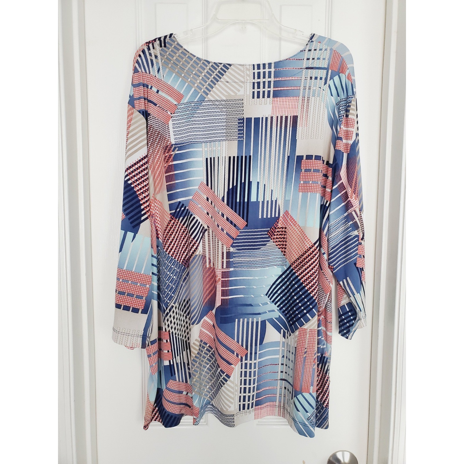 Blue Orange Geometric Abstract Blouse Ring Detail 3/4 Sleeve Plus Size 3X