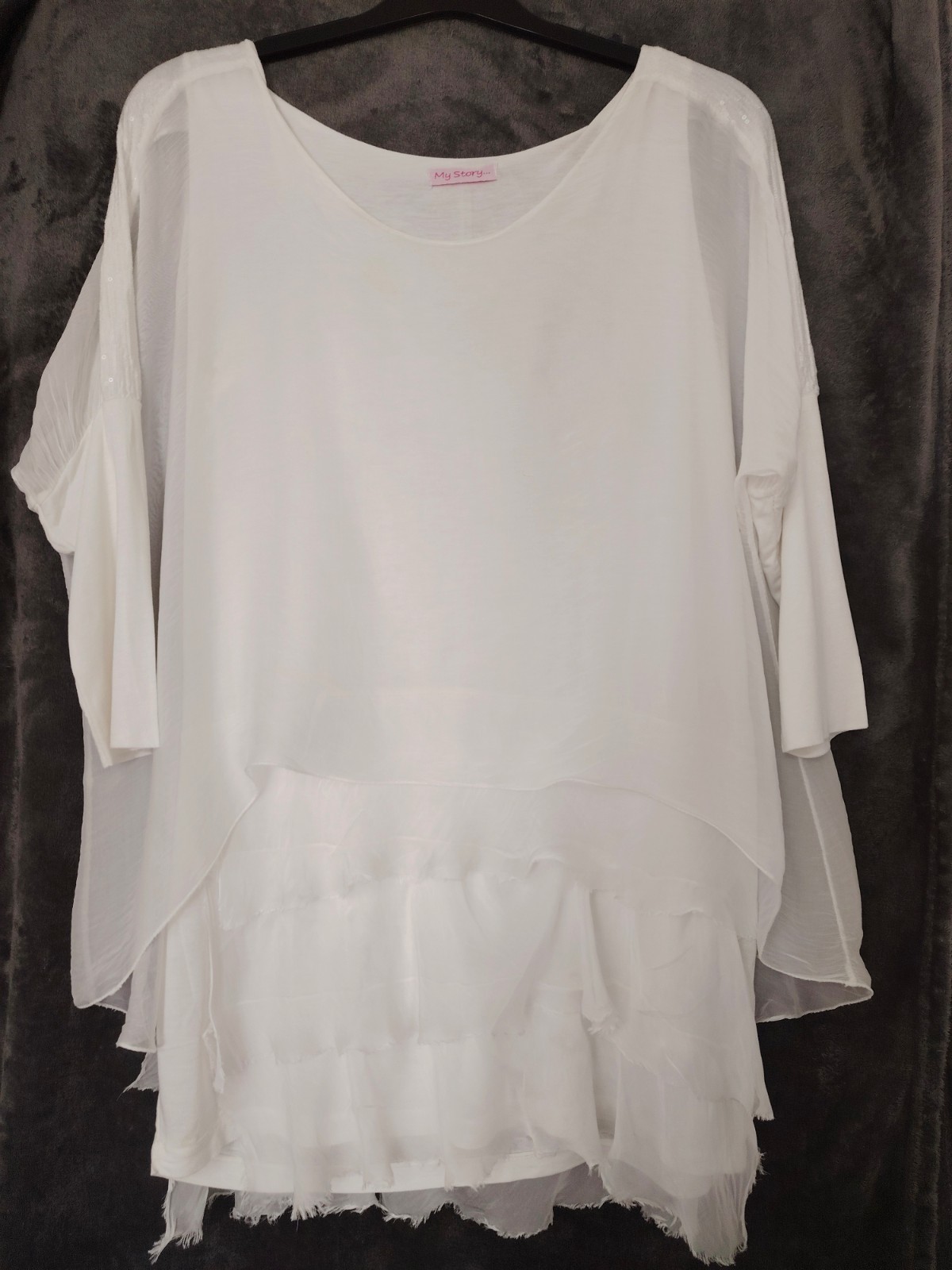 My Story… White Chiffon Overlay Dress S 3/4 Sleeve Ruffle Sequin Boho