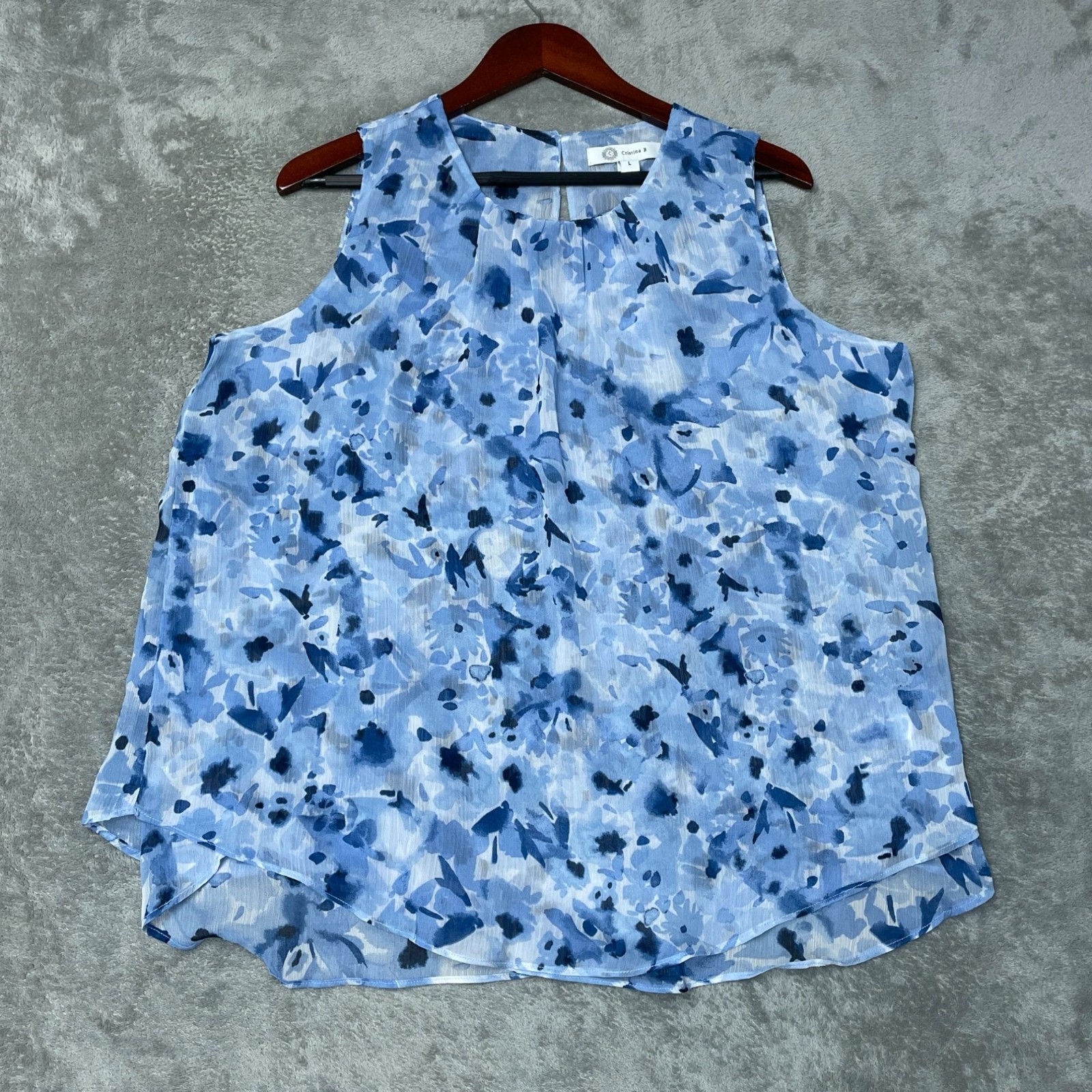 NWT Cristina B Women’s L Blue Floral Sleevelese Layer Chiffon Blouse i2137