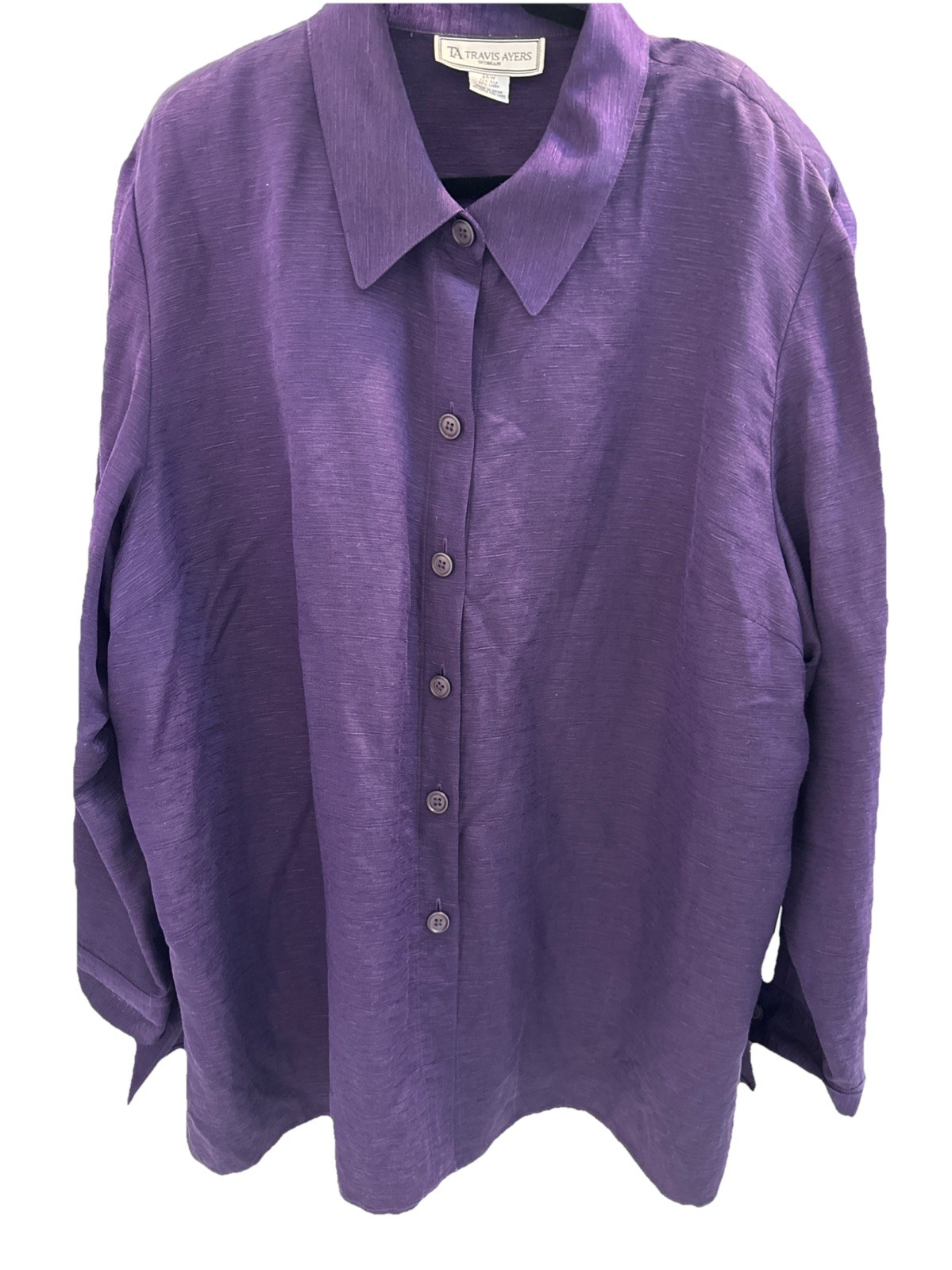 VTG Travis Avers 70% silk 30% Linen 26W Purple Button Down Blouse Shoulder Pads