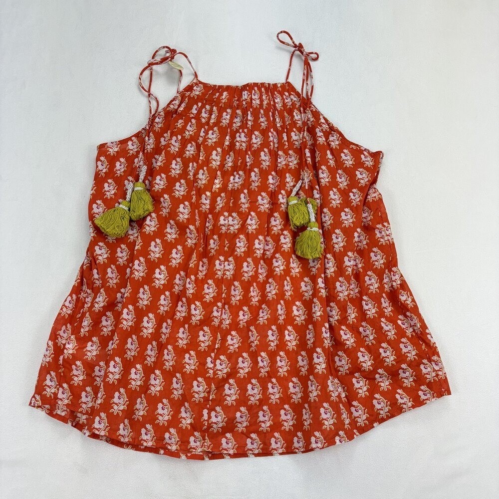 Nicole Miller Red Floral Tassel Smocked Tank Top M