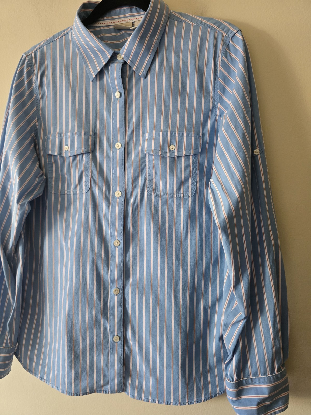 LL Bean Button Down Womens XL Blue/Red Stripe Roll Tab Top Career Casual Preppy