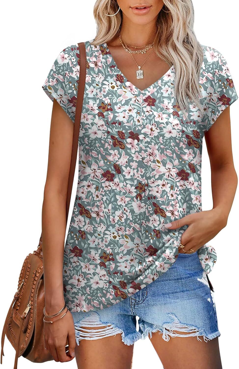 Women’s V Neck Summer T Shirt Cap Sleeve Loose Fit Lightweight Casual Top