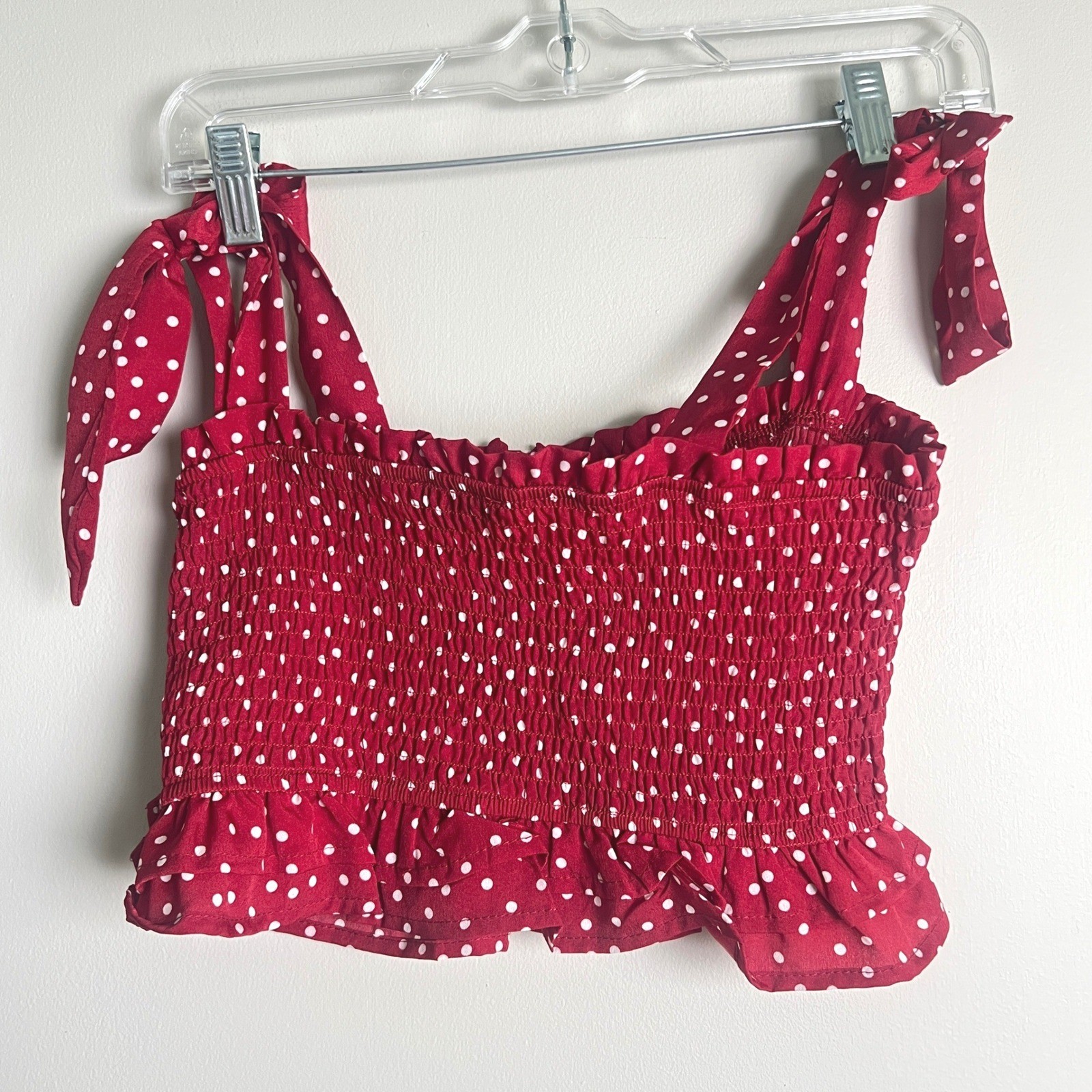 Polka Dot Crop Top Womens Small Red Smocked Tie Strap Ruffle Summer Retro