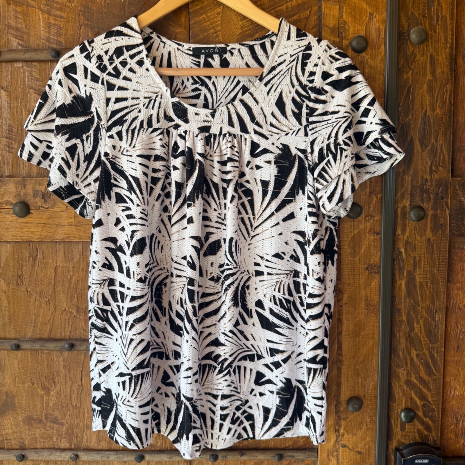Avon Womens Black White Tropical Palm Eyelet Flutter Sleeve Blouse Small S/P 4-6