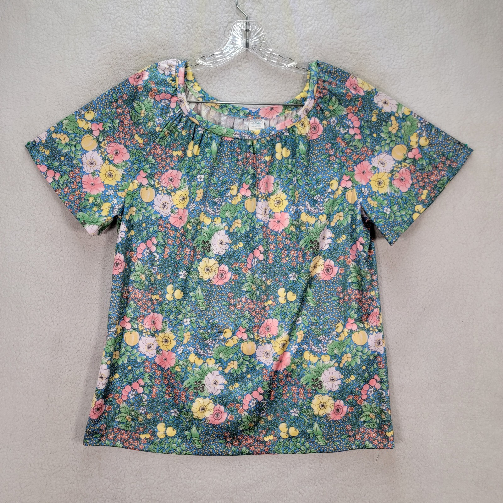 Vtg 70s Green Floral Boat Neck Flowy Tunic Grandmacore Top Womens Blouse Size L