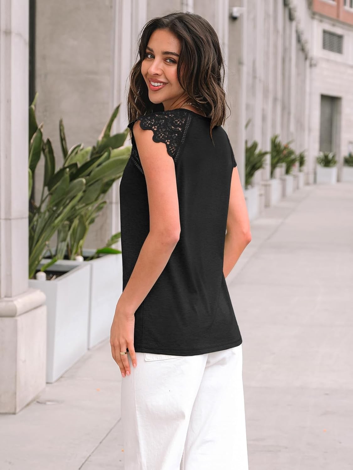 Automet Womens Black Small Casual Cap Sleeve Lace Summer T Shirt Top