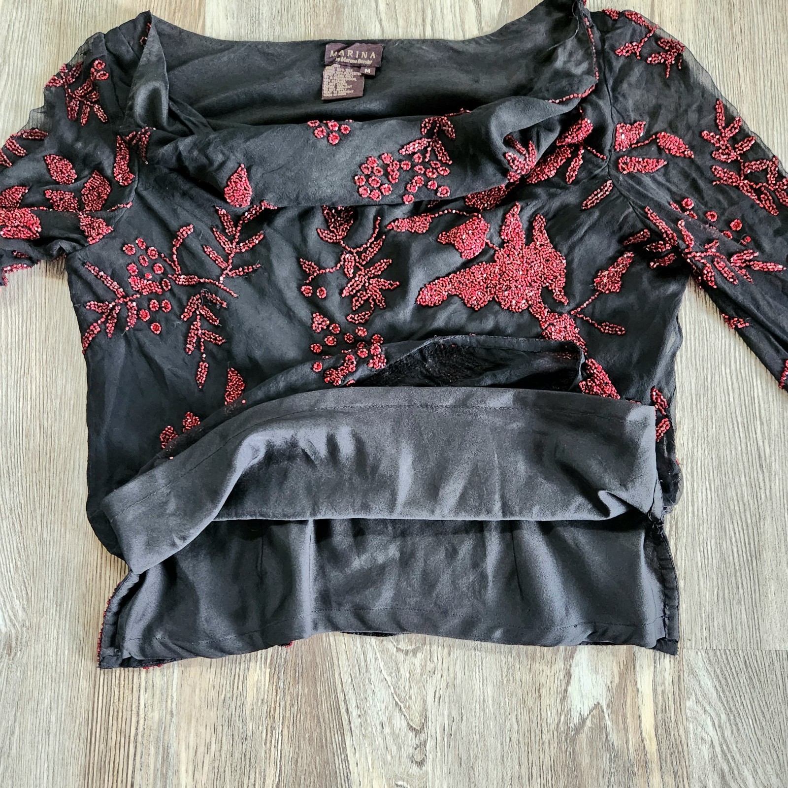 Marina Bresler Silk Beaded Drape Neck Bell Sleeve Top M Black Red Goth Boho Y2K