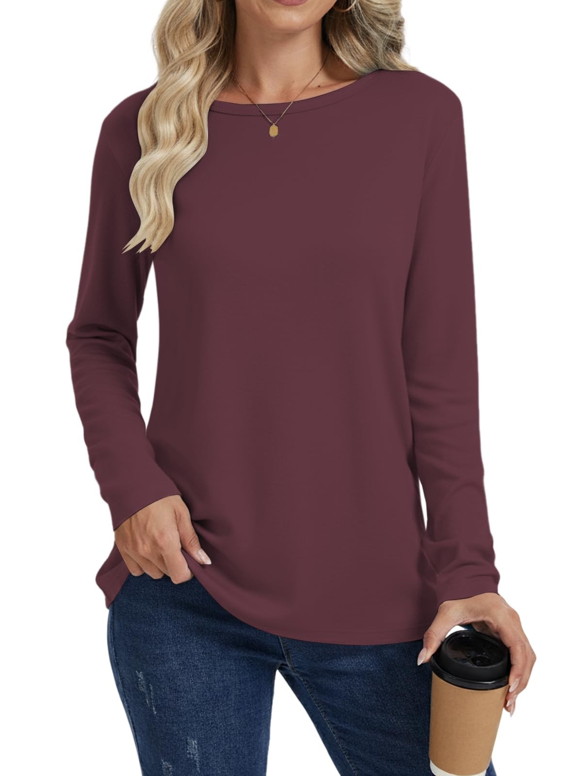 Womens TShirts Crew Neck Shirt Ladies Long Sleeve Solid Color Tops Casua…