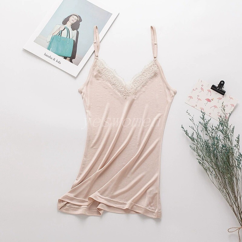 Women Silk V Neck Camisole Tank Top Knit Silk Lace Shirt Sleeveless Tank Blouse