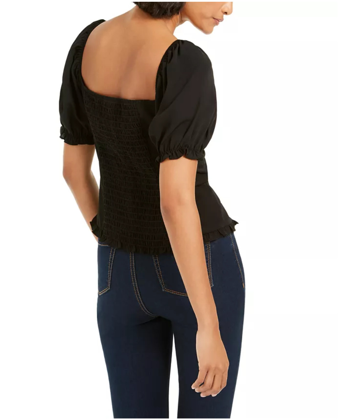 Ash & Violet Womens Black Pleated Pouf Square Neck Top – Black, Medium