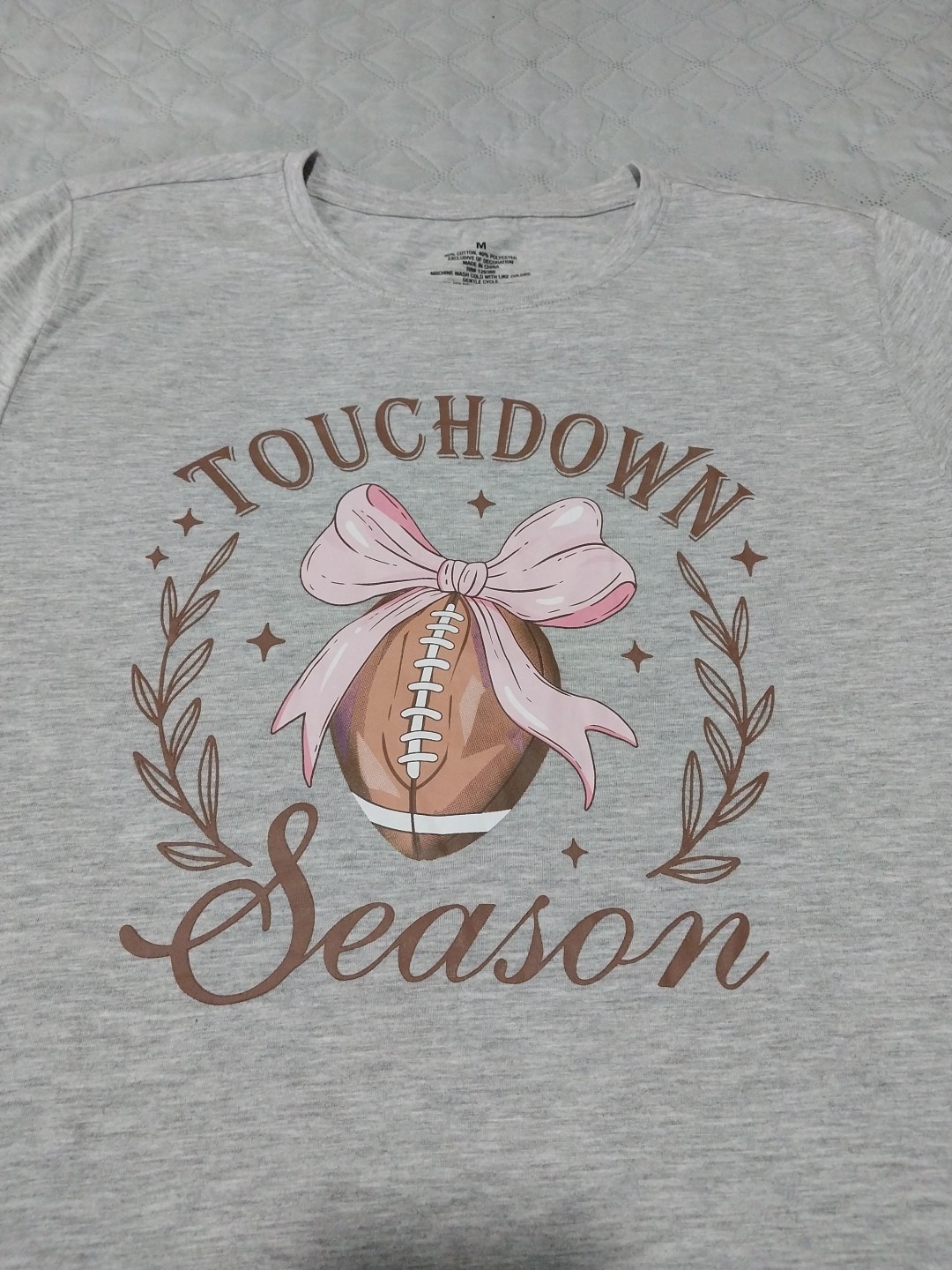 New! M “Touchdown Season” Football Bow T-Shirt TEE Gray Super Bowl Game Day Ball