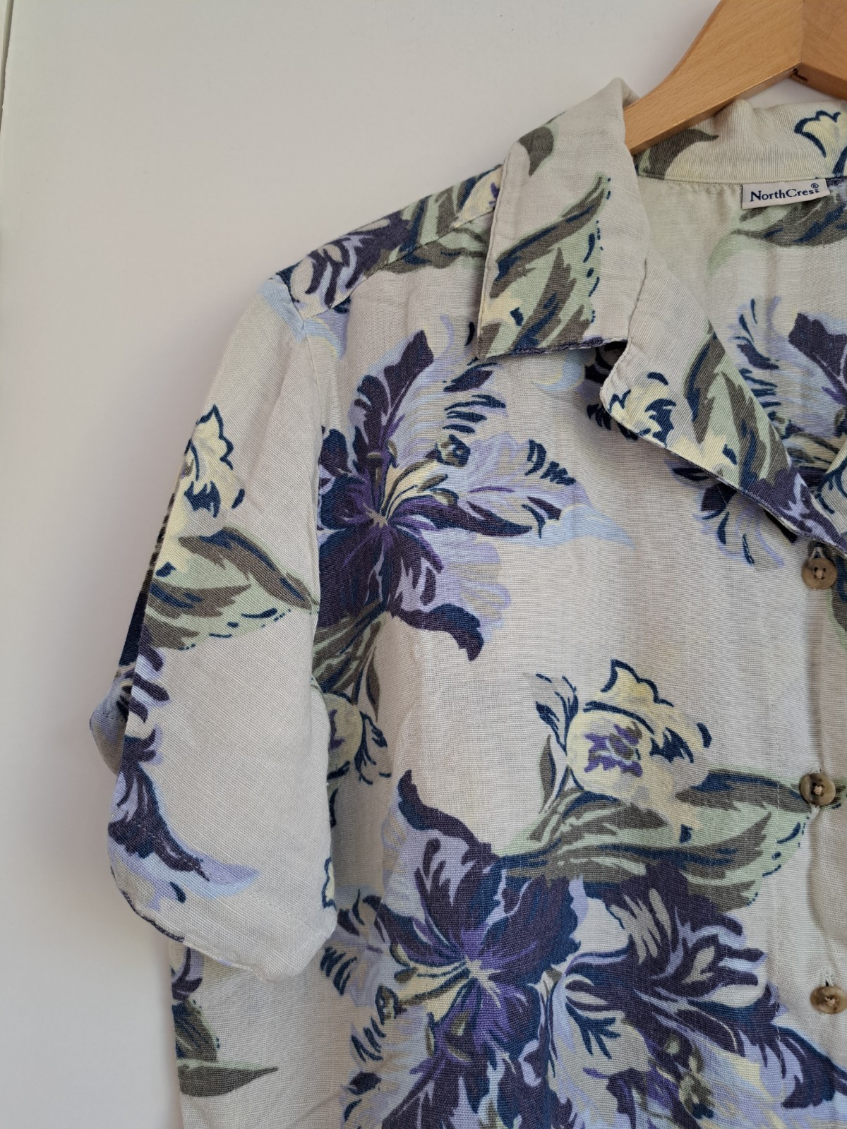 North Crest Floral Blouse Size L Linen Mix Boxy Pocket Slight Stretch