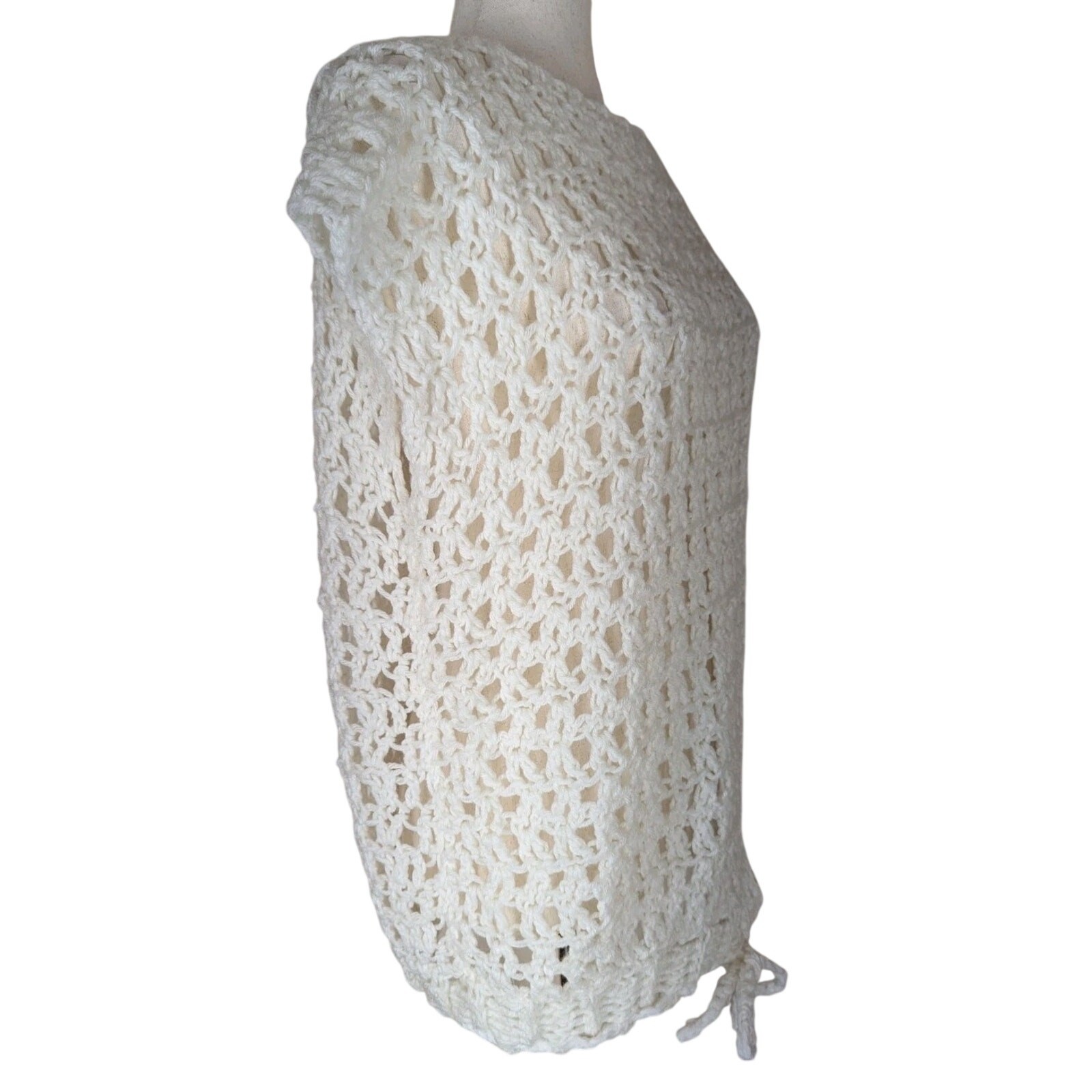 Handmade Open Crochet White Cap Sleeve Top Adjustable Waist Tie Size M/L Boho