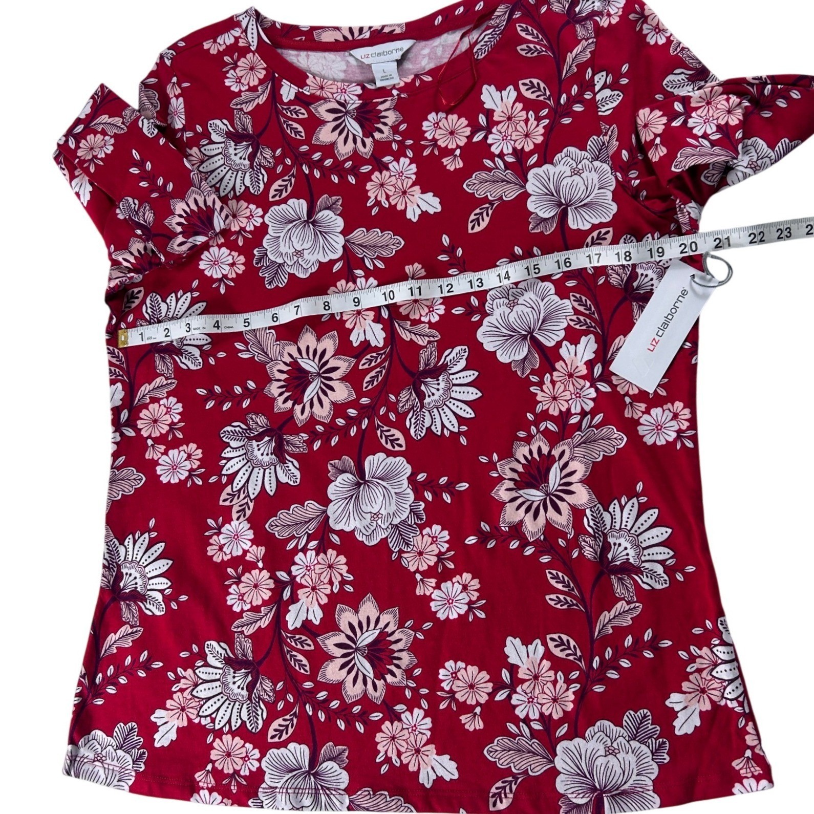 Liz Claiborne Red Floral Print Short Sleeve T Shirt Top Women Size Large NEW