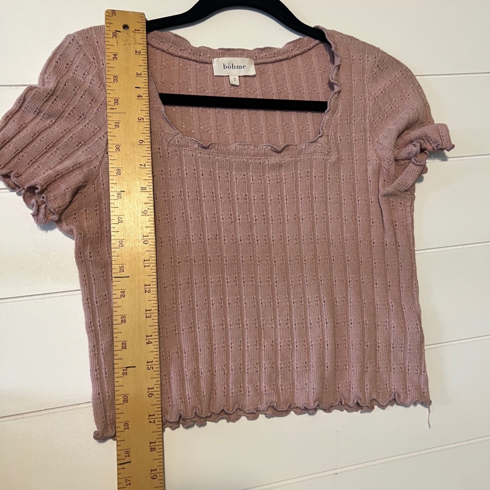 Bohme Women Pink Ribbed Pointelle Knit Square Neck Lettuce Edge Crop Top Small