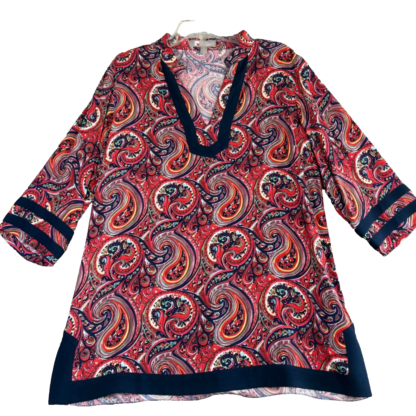 Tina Stephens Paisley Rayon Tunic Top M Red Blue 3/4 Sleeve Boho Festival Fun