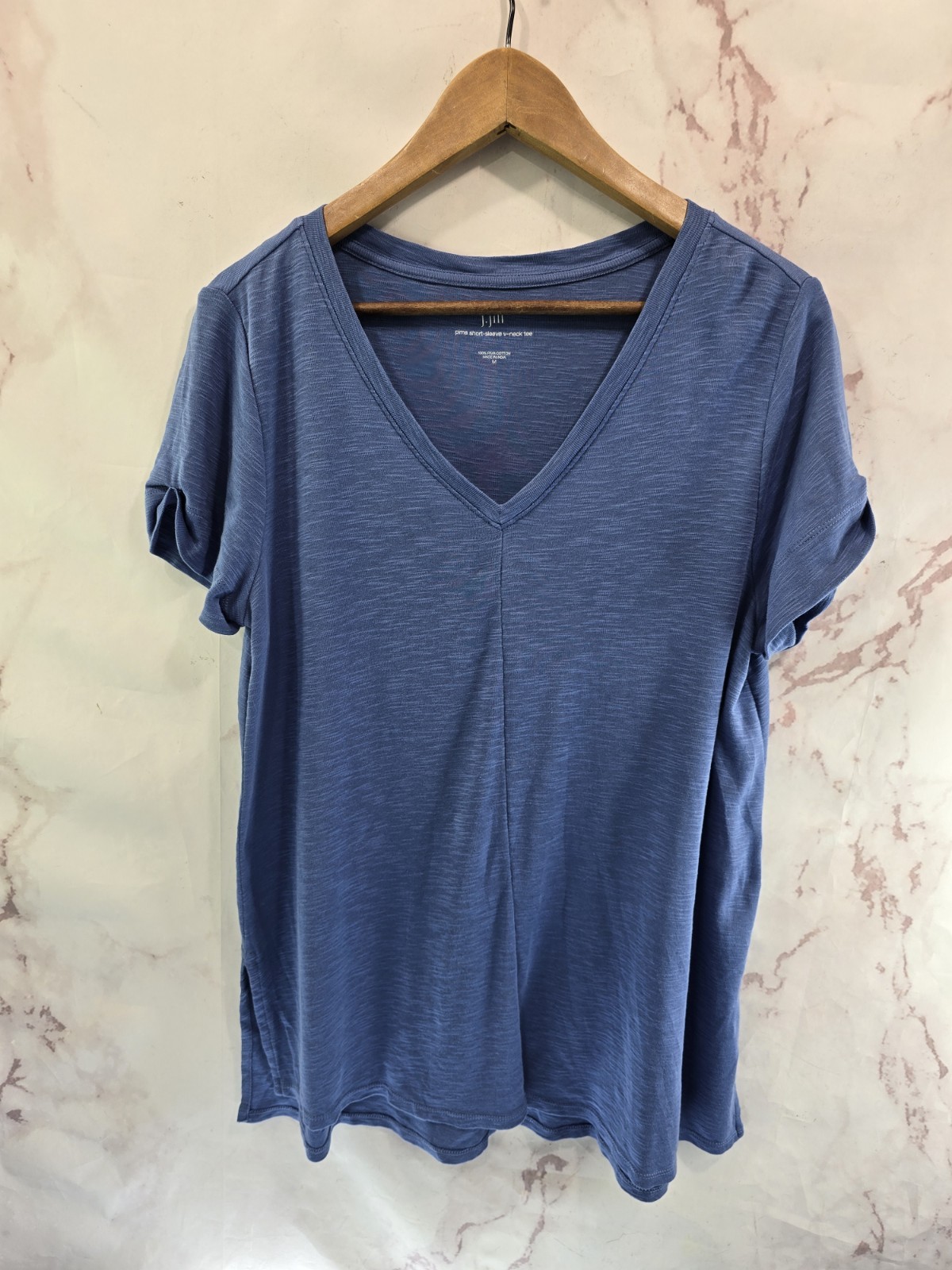 J Jill T Shirt Womens Medium Blue Pima Cotton Short Sleeve V Neck Tee Cuffed