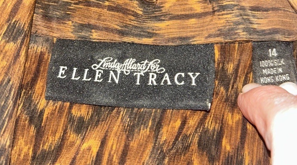 Vintage Linda Allard Ellen Tracy 100% Silk Button Up Blouse Multi Brown Black 14