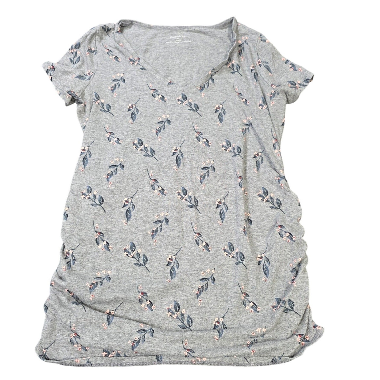 Motherhood Maternity Floral V-Neck Top Women’s Size M Gray Ruched Side