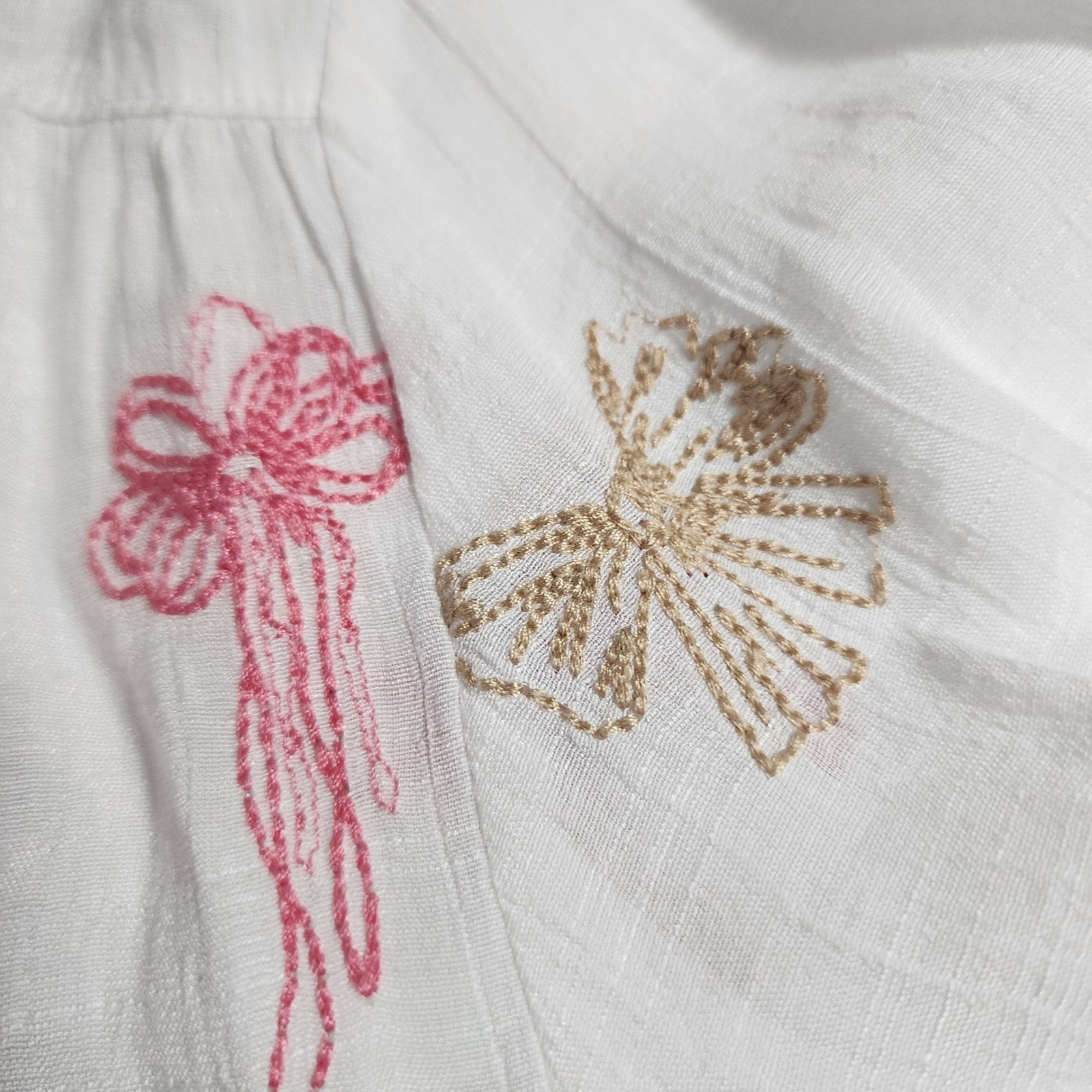 Fig + Flower Womens XL White Embroidered Bow Blouse 3/4 Sleeve Button Up Top