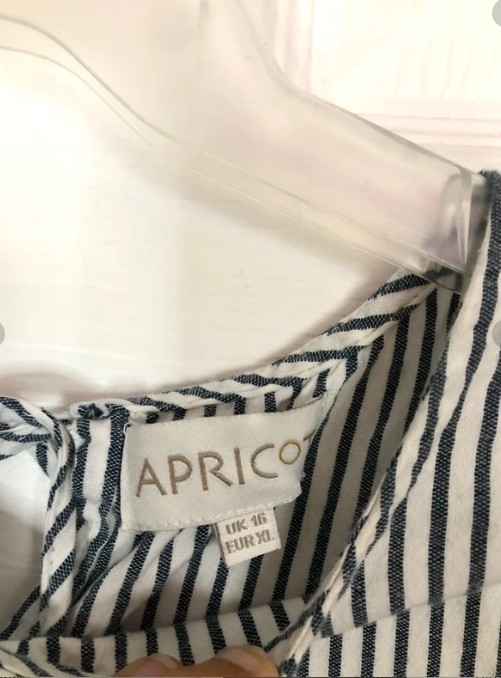 Apricot Womens Blue & White Striped & Embroidered 100% Cotton Blouse Size 16 uk