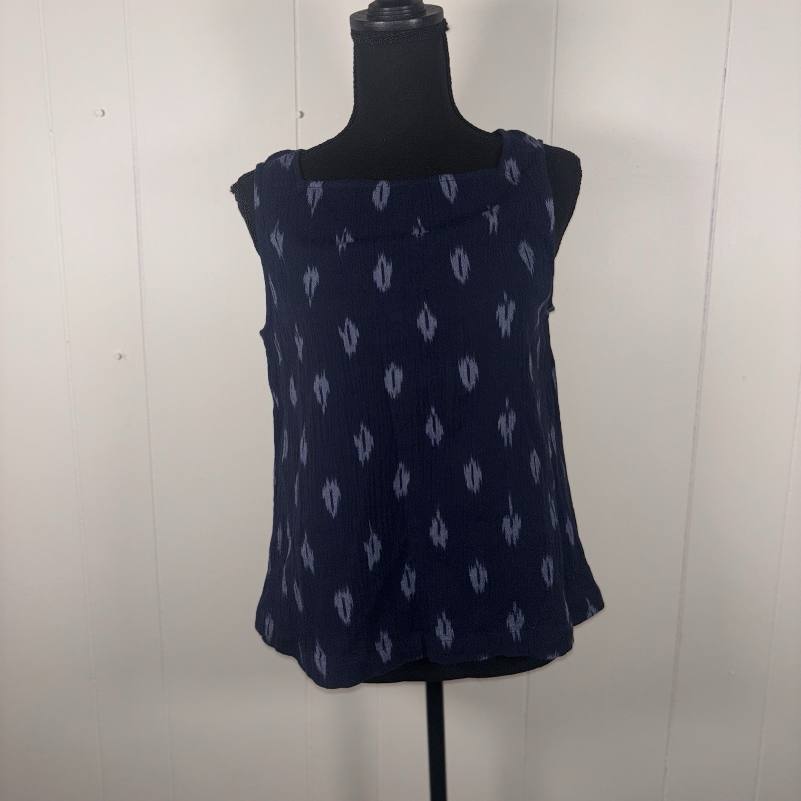 EILEEN FISHER Midnight Blue Cotton Ikat Petal Sleeveless Shell Tank Top small