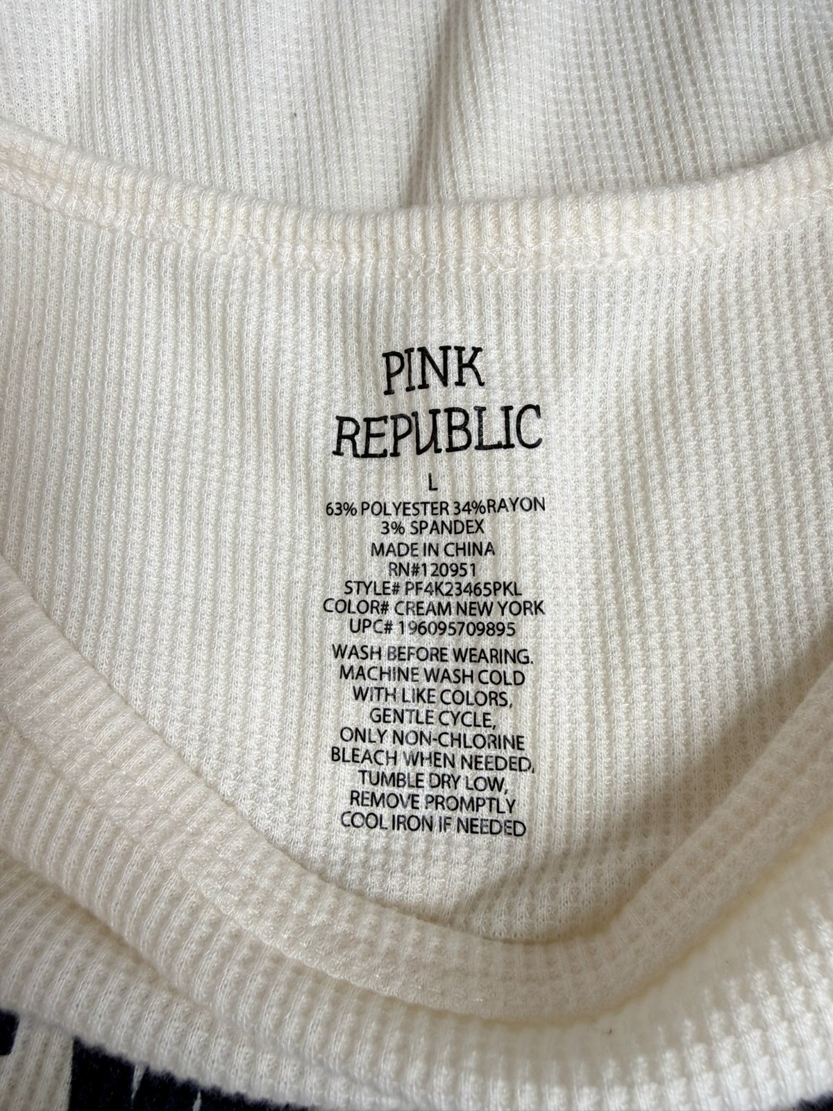 Pink Republic Woman’s L Ivory “New York” Long Sleeve Crew Neck Thermal Shirt Top