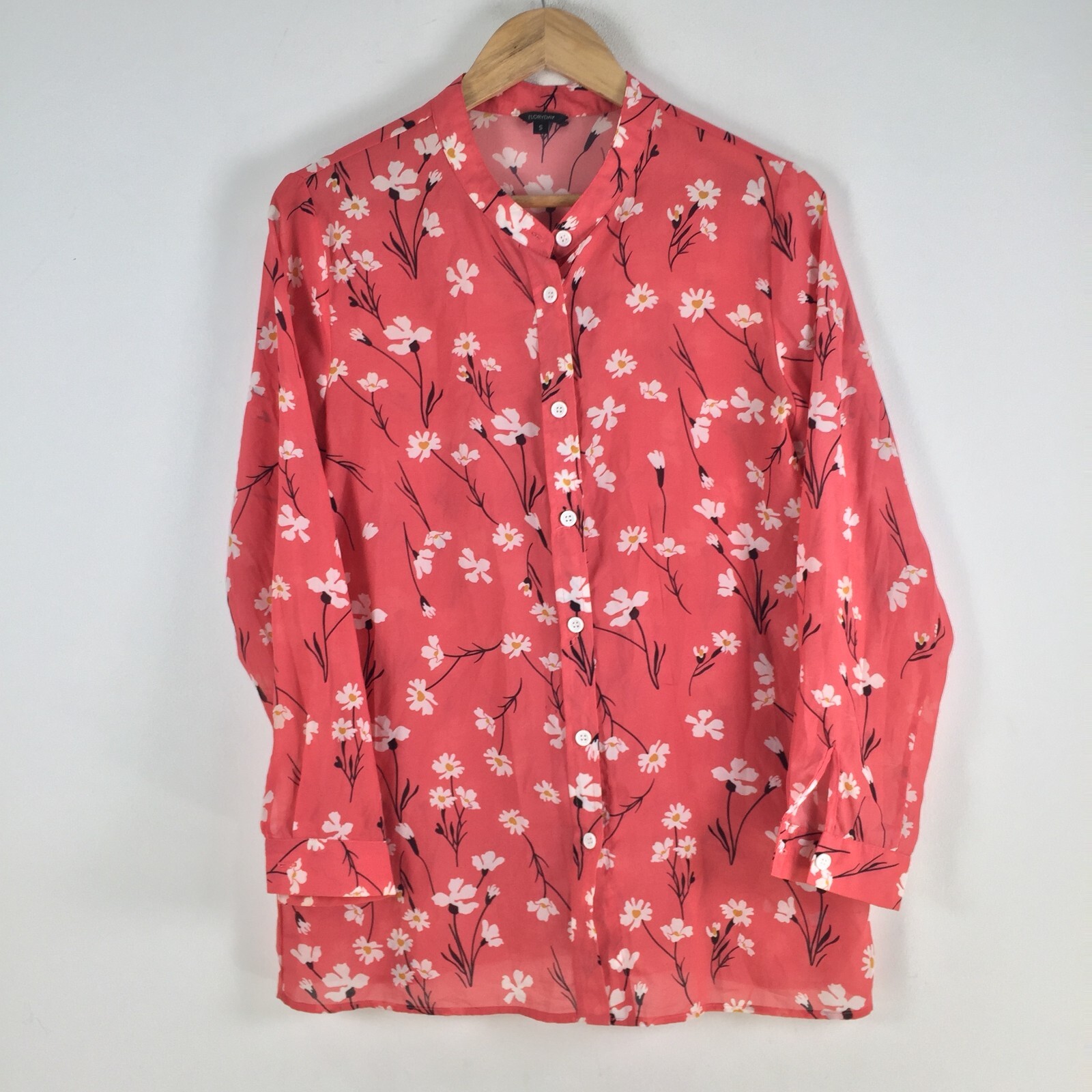 Floryday womens blouse shirt size S pink floral long sleeve sheer 093015