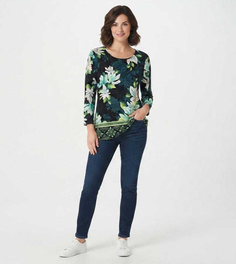 NWT JM Collection Womens Deep Black Floral Jacquard Knit 3/4 Sleeve Blouse Top S