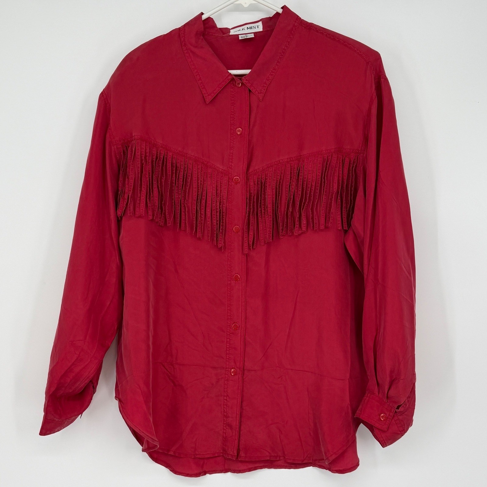 Vintage Western Fringe Silk Blouse Red Boho Rodeo Shirt L