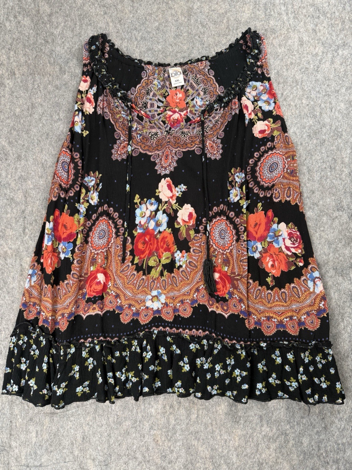 Bila Black Floral Gauze Peasant Swing Top XXL Women Boho Loose Flowy Red Blue