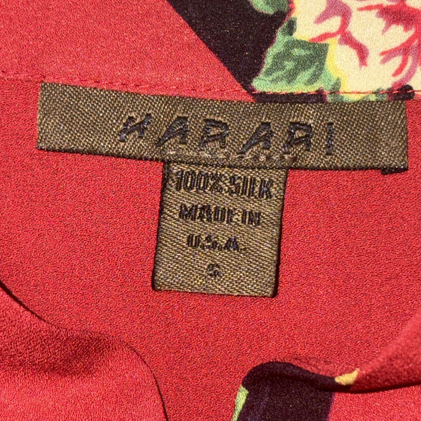 HARARI 100% Silk Red Japanese Style Shirt With Detailed Neckline USA Made Flowy