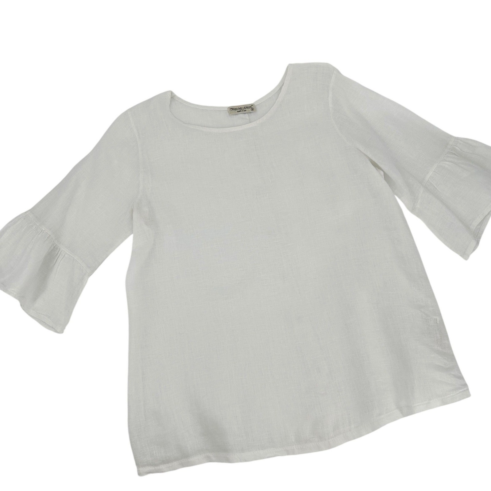 Terzo Millennio White 100% Linen Ruffle Bell Sleeve Blouse Top Made in Italy M