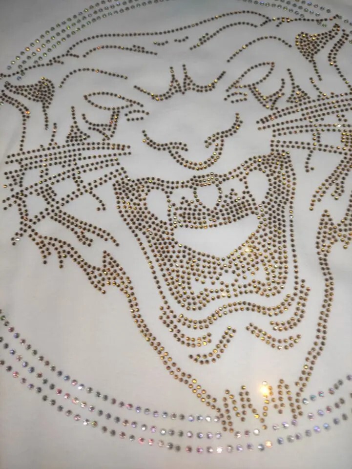 New Women Luxury Diamond Tiger Rhinestones Black White T-Shirt High Quality
