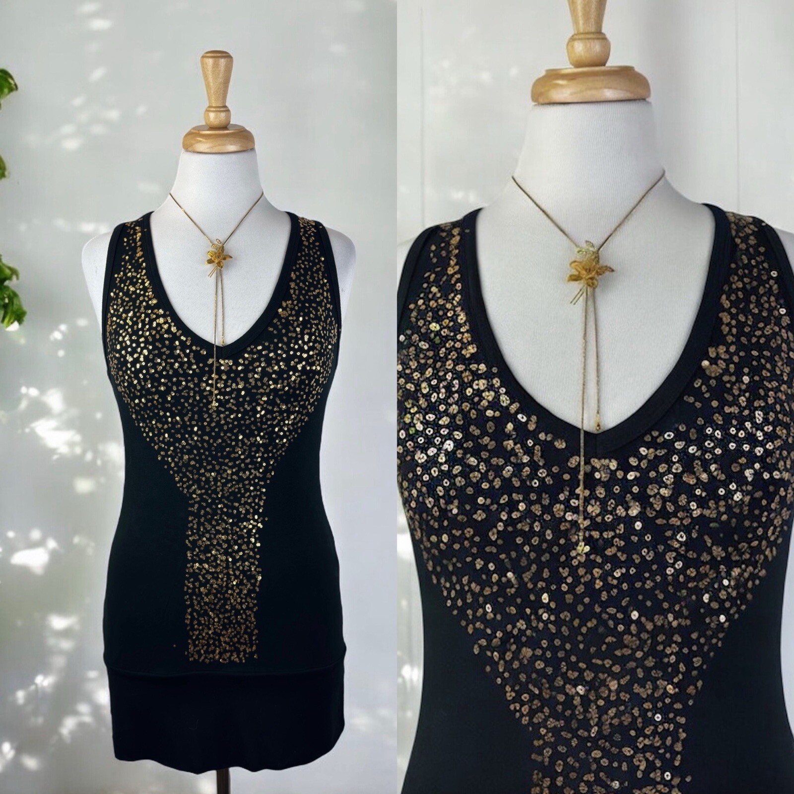 Y2K Top Black Gold Sequins Formal Cocktail Fairycore Holidays NYE Glam Size L