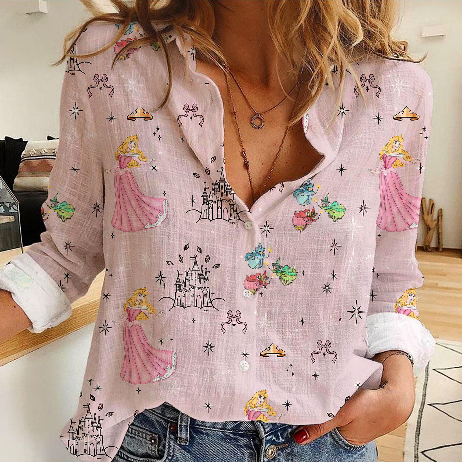 Cartoon Aurora Princess Fairy Blouse Magic Castle Theme Park Vacation Casual Top