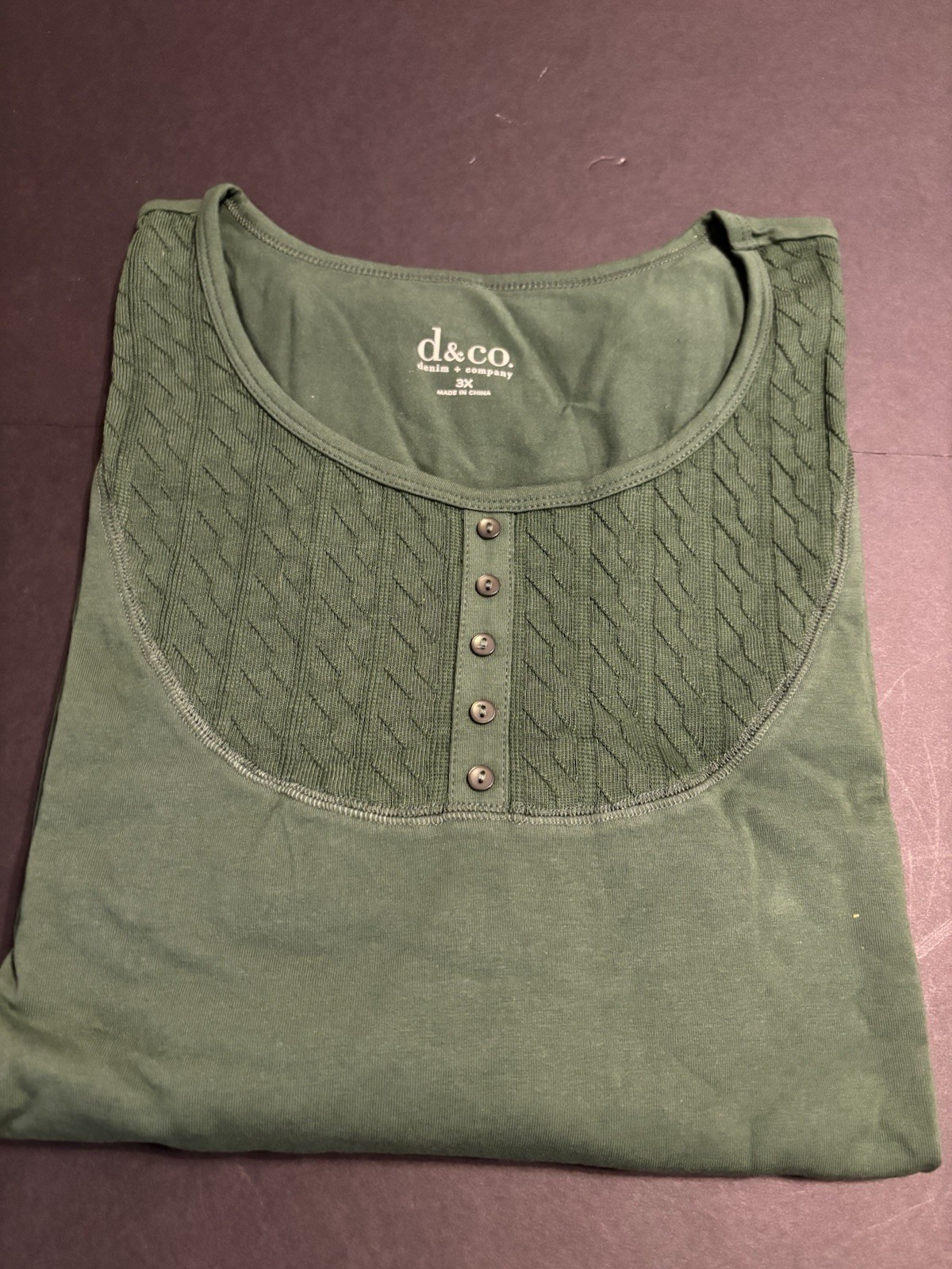 d&co. Denim & Company Women’s 3X Classic Green Textured Henley Knit Top NWT QVC