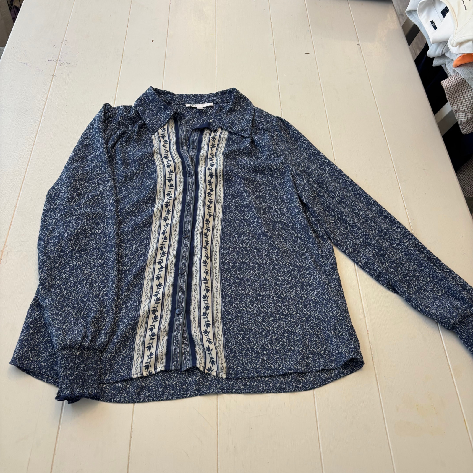 DR2 Womens Small Blue Floral Button Front Long Sleeve Blouse Boho Cottagecore