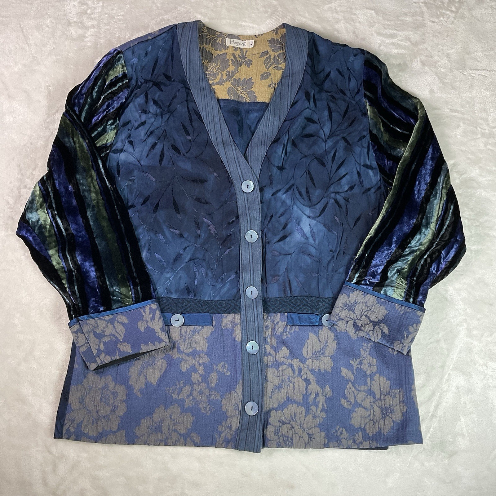Vtg Mozart Blue Button Blouse Top Large Mixed Media Jaquard Dark Romantic USA