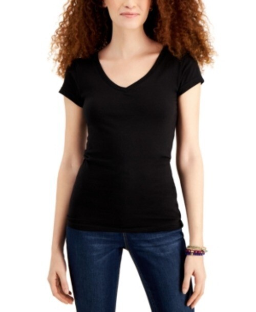 Aveto Juniors Solid V Neck Cap Sleeve Top, Size Large, Black